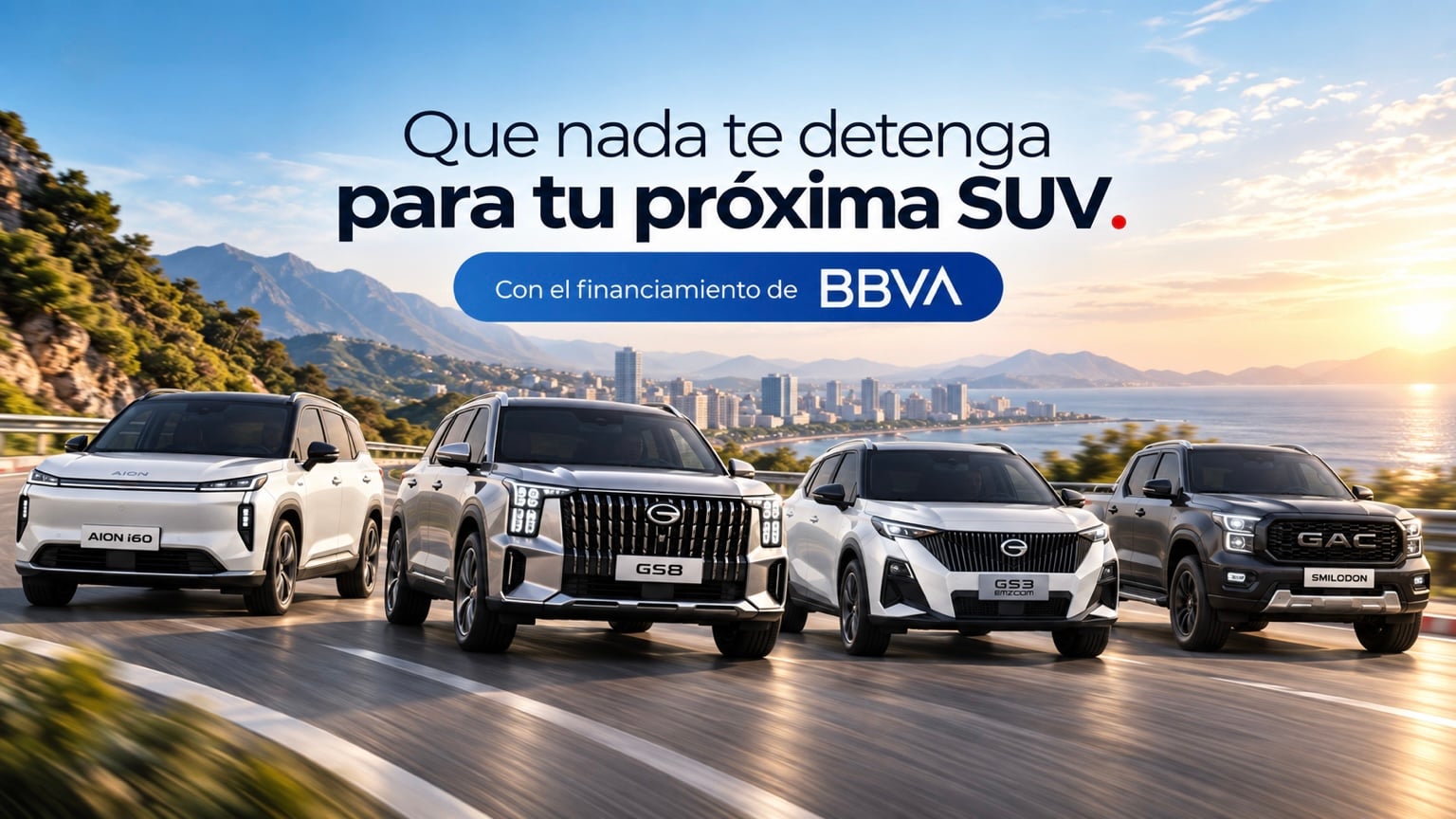 Que nada te detenga para tu próxima SUV. Con el financiamiento de BBVA. GS3 EMZOOM, GS8, AION i60 y SMILODON PRO.
